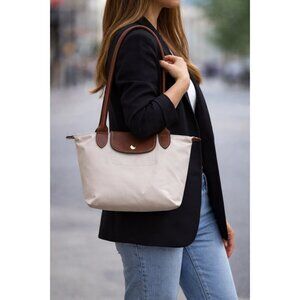 Longchamp Le Pliage Medium Tote Beige Nylon Brown Leather Shoulder Bag Authentic